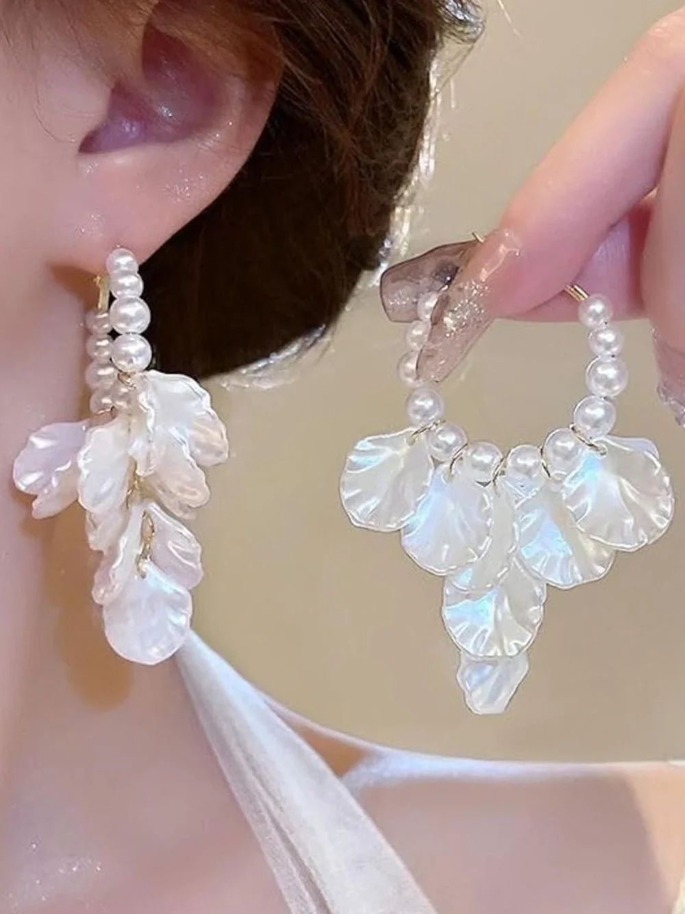 Anthropologie Pearl Hoop Earrings with Ivory Petal Charms